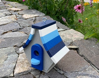 Chalet Poly Birdhouse, Gray with Navy, White, Sky, and Royal Blue Roof