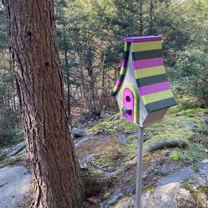 Large Whimsical Eco-Friendly Poly Birdhouse, Gray with Purple, Lime, and Green Roof