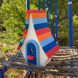 Large Whimsical Poly Birdhouse, White with Red, Orange, Sky, and Royal Blue Roof