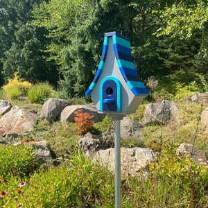 Large Whimsical Poly Birdhouse, Gray with Navy, Aqua, and Royal Blue Roof image 6