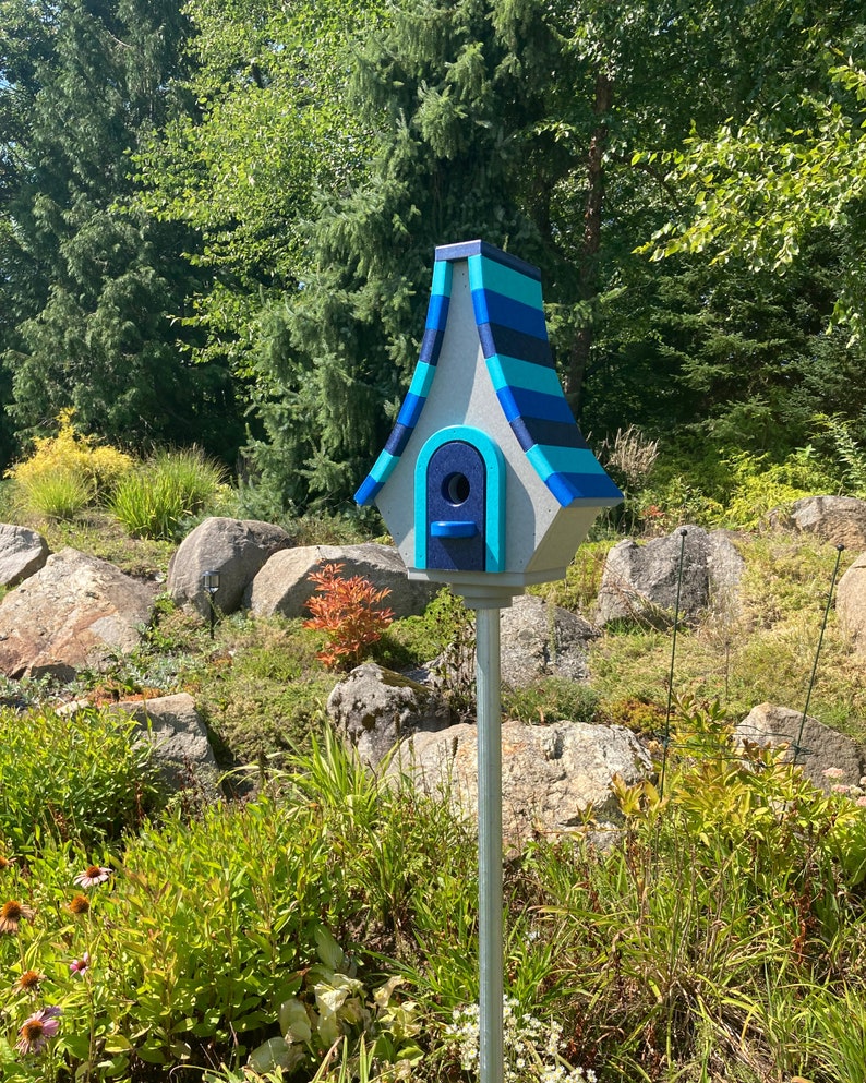 Large Whimsical Poly Birdhouse, Gray with Navy, Aqua, and Royal Blue Roof image 6
