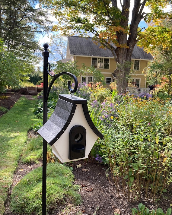 Chalet Style Recycled Poly Lumber Birdhouse, White with Black Roof
