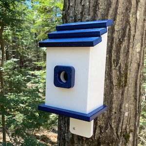 Square Back-Mount Birdhouse, White with Navy Roof