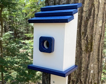 Square Back-Mount Birdhouse, White with Navy Roof