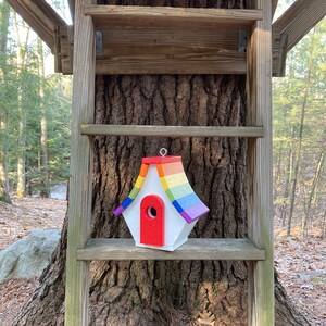May include: A rainbow-colored birdhouse with a red door sits on a wooden shelf attached to a tree trunk.