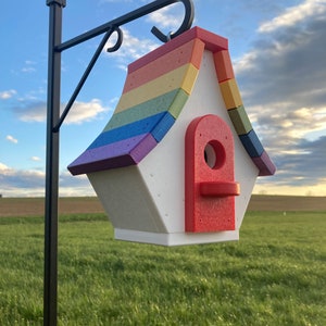 May include: A rainbow-colored birdhouse with a red door and a white base. The birdhouse is hanging from a black metal hook.
