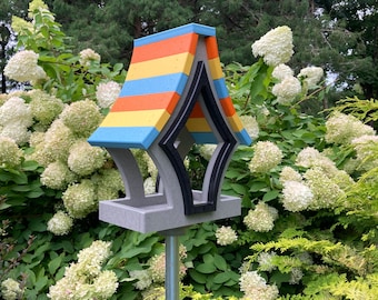 Whimsical Tray Feeder, Gray with Aqua, Orange, and Yellow Roof. Eco-friendly Birdfeeder