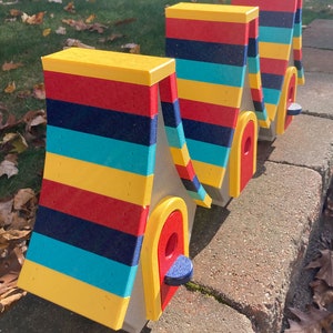 Large Whimsical Poly Birdhouse, Gray with Yellow, Cardinal Red, Navy, and Aqua Blue Roof image 4