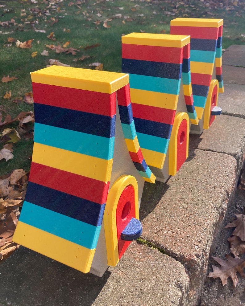 Large Whimsical Poly Birdhouse, Gray with Yellow, Cardinal Red, Navy, and Aqua Blue Roof image 4