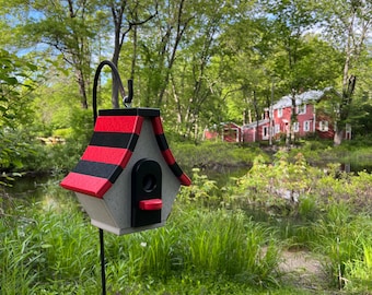 Chalet Poly Birdhouse, Gray with Cardinal Red and Black Roof