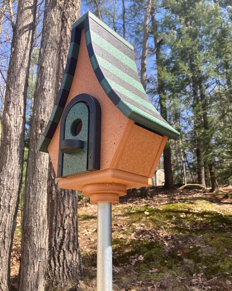 Large Whimsical Poly Birdhouse, Cedar with Green & Black Roof image 1