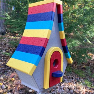 Large Whimsical Poly Birdhouse, Gray with Yellow, Cardinal Red, Navy, and Aqua Blue Roof Add Perch