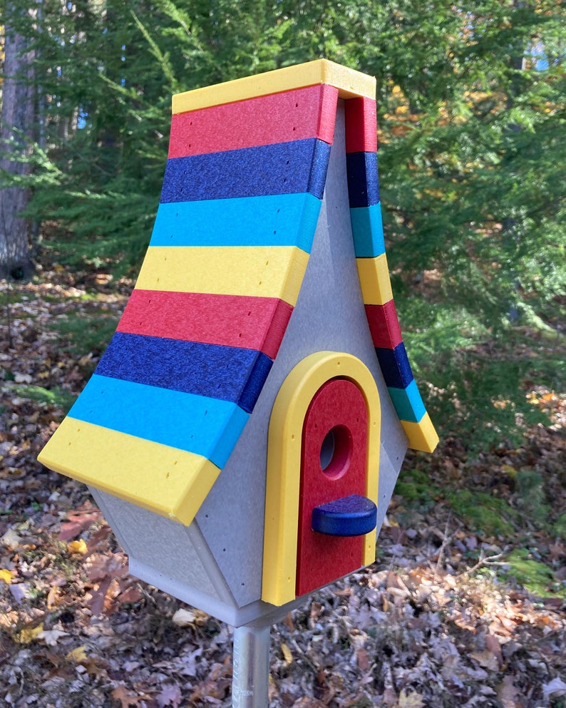 Large Whimsical Poly Birdhouse, Gray with Yellow, Cardinal Red, Navy, and Aqua Blue Roof Add Perch