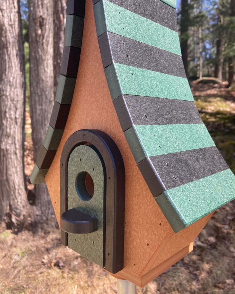 Large Whimsical Poly Birdhouse, Cedar with Green & Black Roof image 5