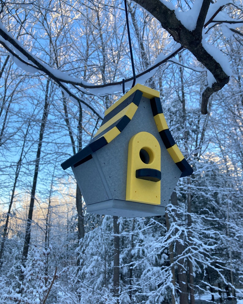 Chalet Poly Birdhouse, Gray with Black and Yellow Roof image 1