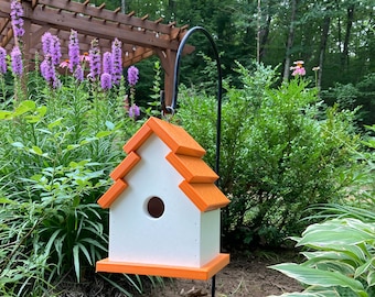 Traditional Eco-Friendly Birdhouse, White with Orange Roof