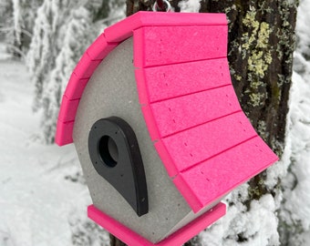 Eclectic Hanging Poly Birdhouse, Gray with Pink Roof