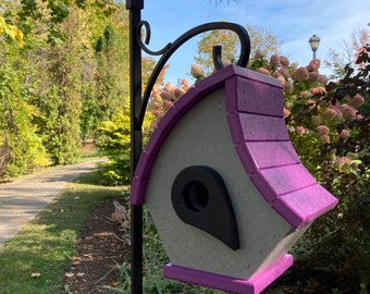 Eclectic Hanging Poly Birdhouse, Gray with Purple Roof