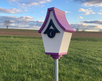 Regal Pole Mount Birdhouse - White with Purple Roof