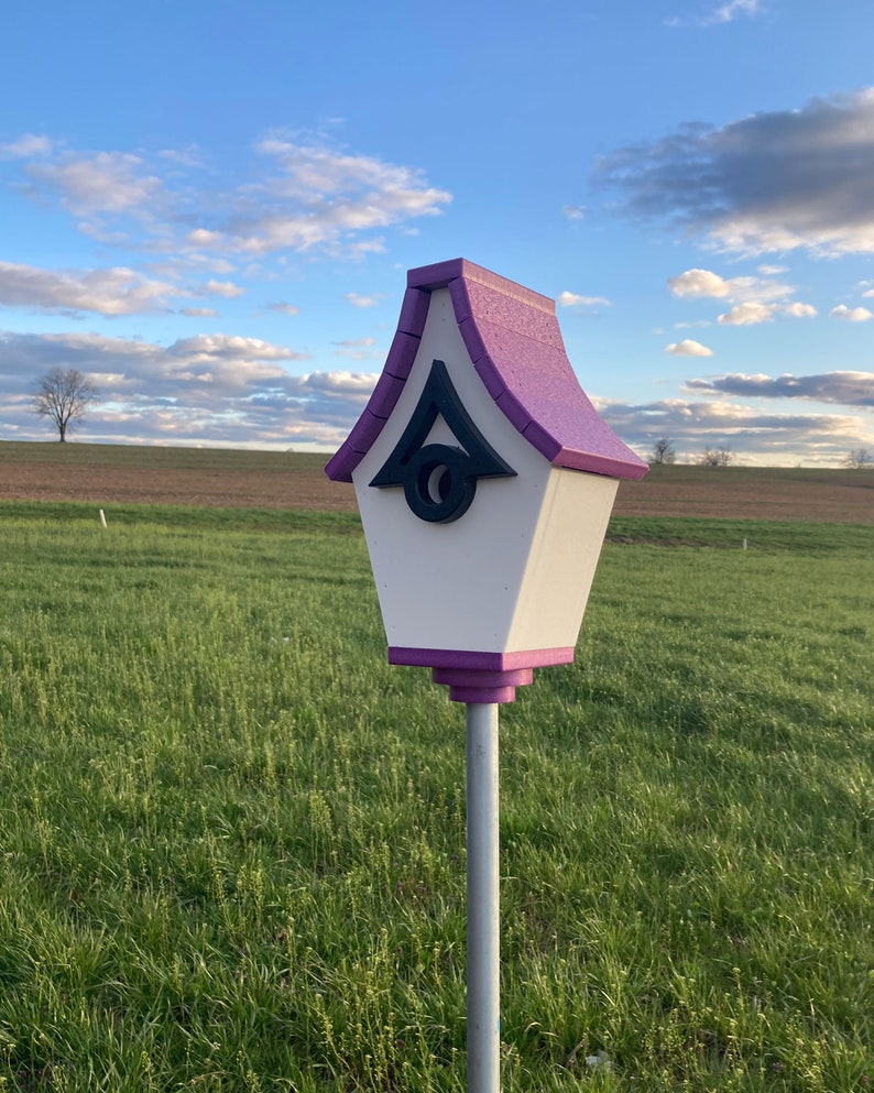 Regal Pole Mount Birdhouse White with Purple Roof image 1