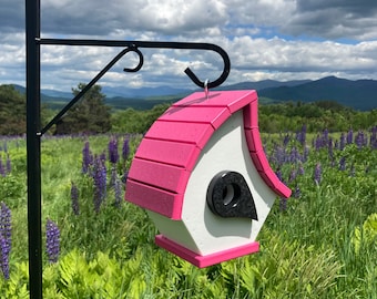 Eclectic Hanging Poly Birdhouse, White with Pink Roof