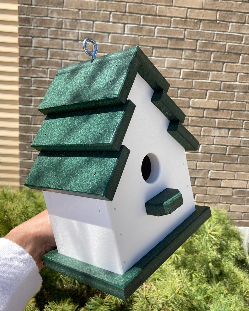 Traditional Eco-Friendly Poly Birdhouse, White with Green Roof image 4