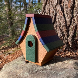 Op de afbeelding: Een houten vogelhuisje met een groen, rood en blauw gestreept dak. Het vogelhuisje heeft een klein, rond toegangsgat en een groene deur.