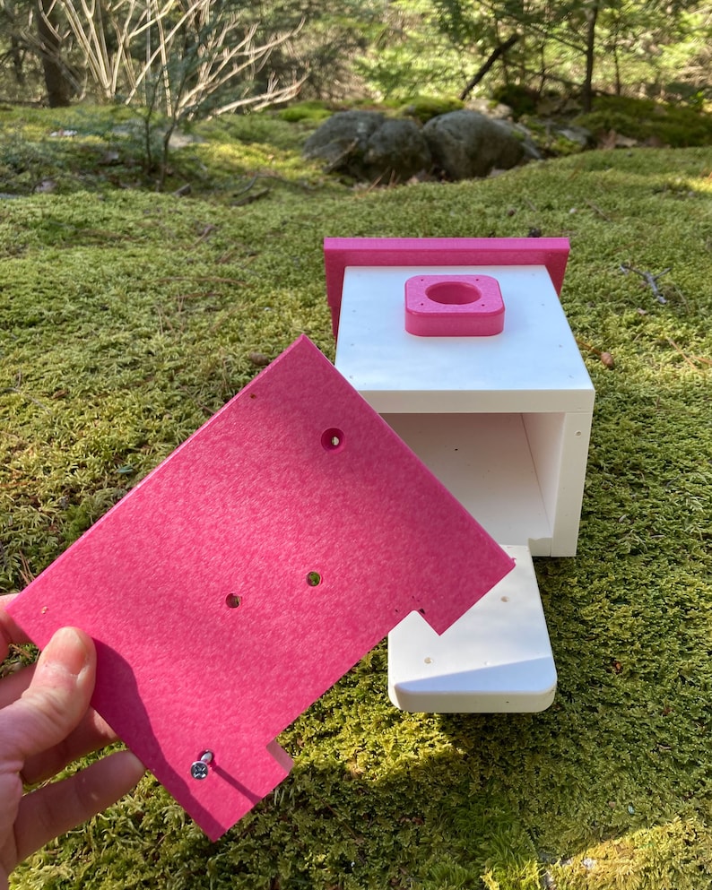 Square Back-Mount Birdhouse, White with Pink Roof image 5