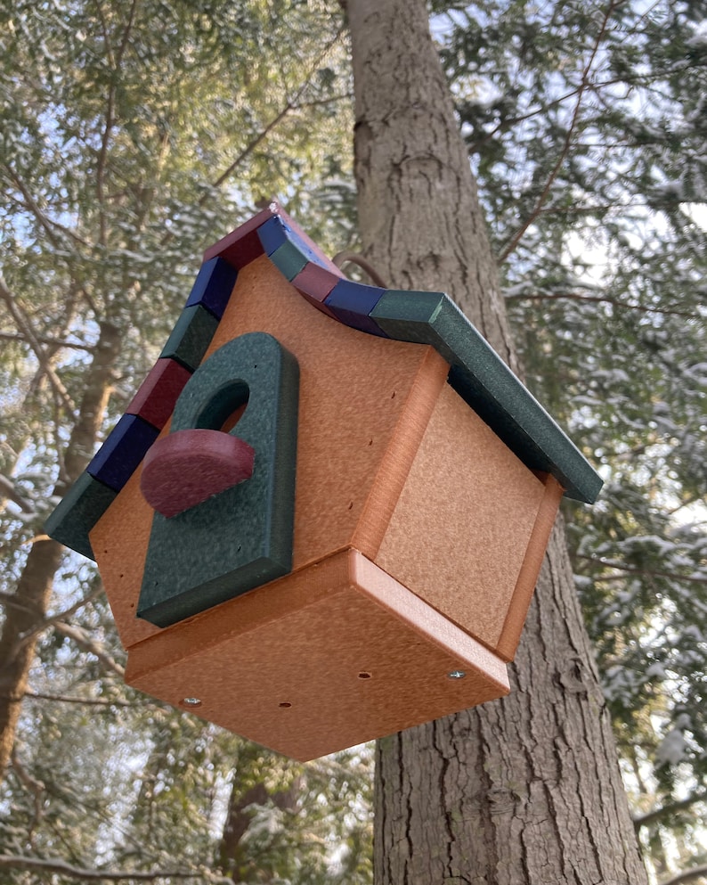 Op de afbeelding: Een houten vogelhuisje met een groen dak en een rode, blauwe en groene gedetailleerde rand. Het vogelhuisje hangt aan een tak.