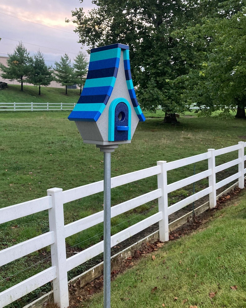 Large Whimsical Poly Birdhouse, Gray with Navy, Aqua, and Royal Blue Roof image 1