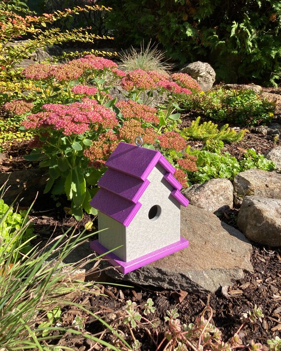 Image showcasing Traditional Eco-Friendly Birdhouse Gray with Purple Roof | Etsy