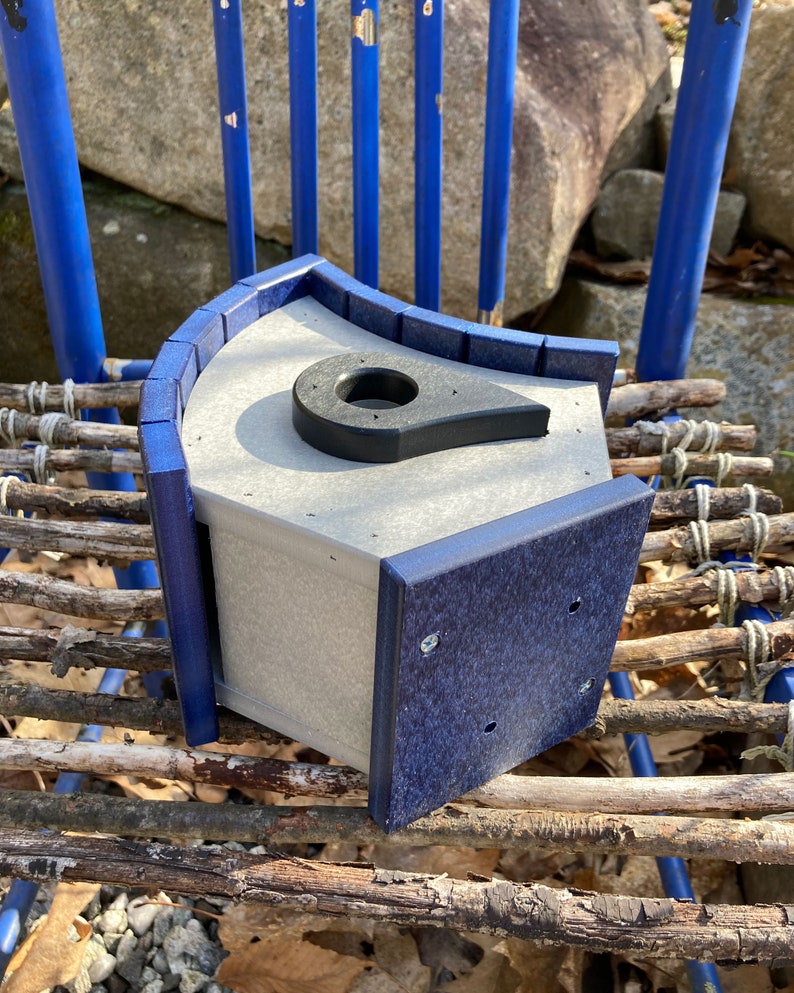 Eclectic Hanging Poly Birdhouse, Gray with Navy Roof image 8