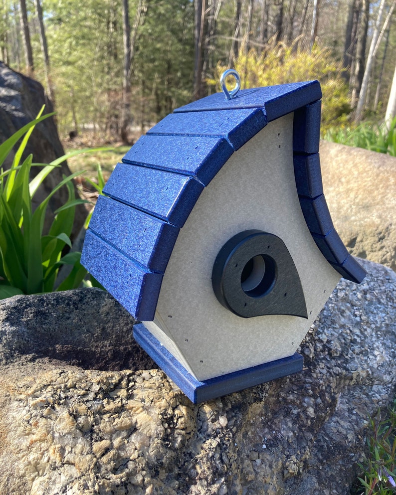 Eclectic Hanging Poly Birdhouse, Gray with Navy Roof image 4