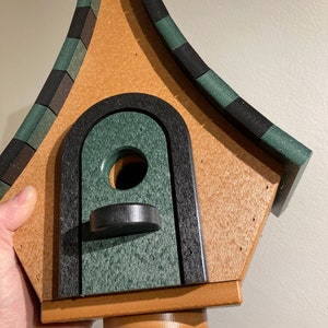 Large Whimsical Poly Birdhouse, Cedar with Green & Black Roof Add Perch