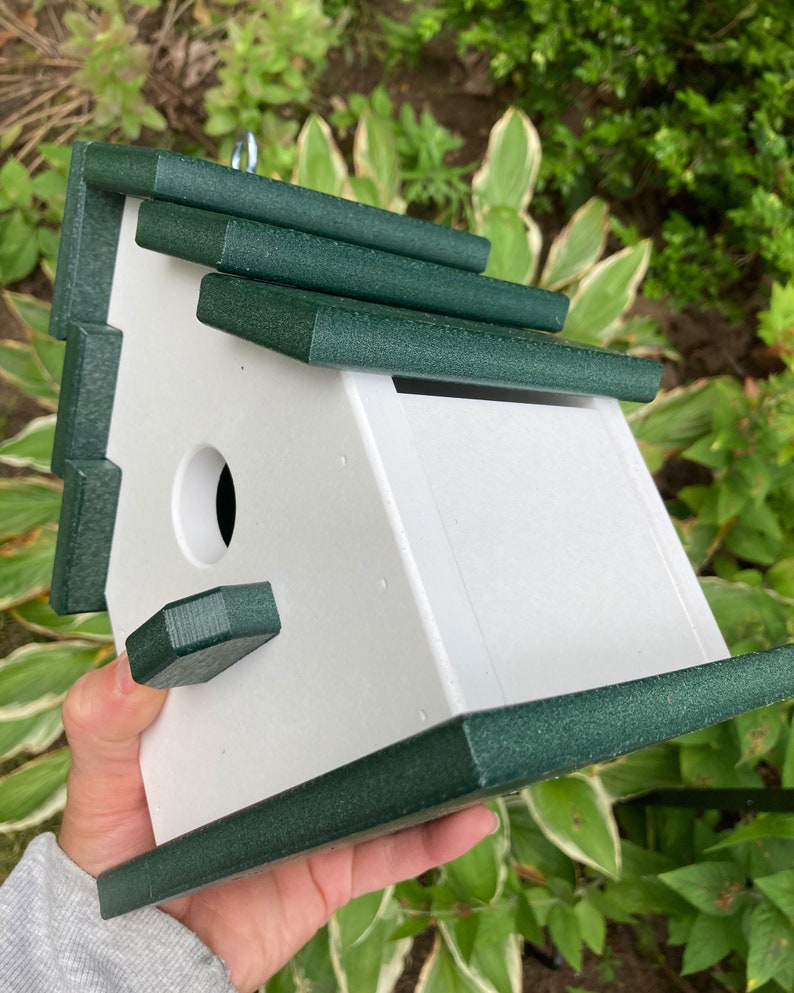 Traditional Eco-Friendly Poly Birdhouse, White with Green Roof image 8