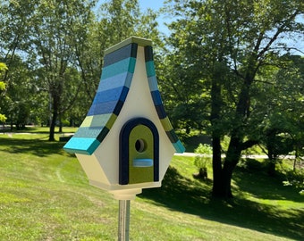 Large Whimsical Eco-Friendly Birdhouse, White with Lime, Green, Aqua, Sky, Royal Blue and Navy Roof