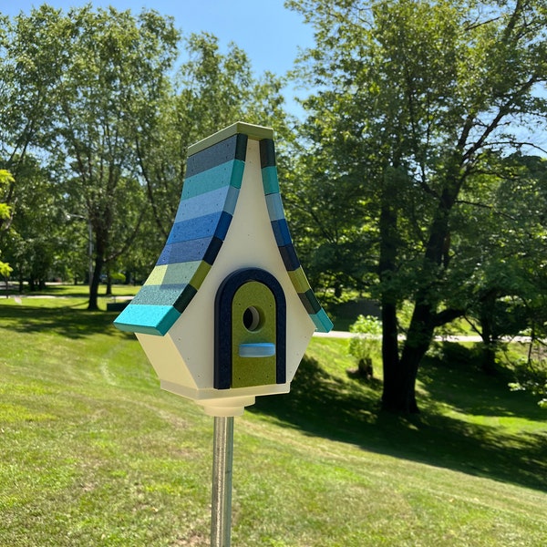 Large Whimsical Eco-Friendly Birdhouse, White with Lime, Green, Aqua, Sky, Royal Blue and Navy Roof