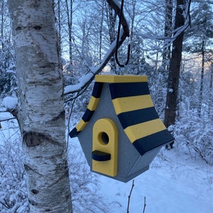 Chalet Poly Birdhouse, Gray with Black and Yellow Roof image 2