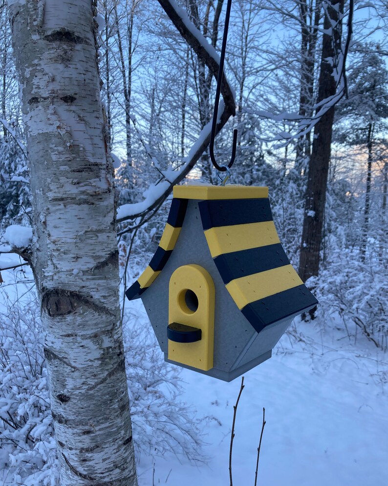 Chalet Poly Birdhouse, Gray with Black and Yellow Roof image 2