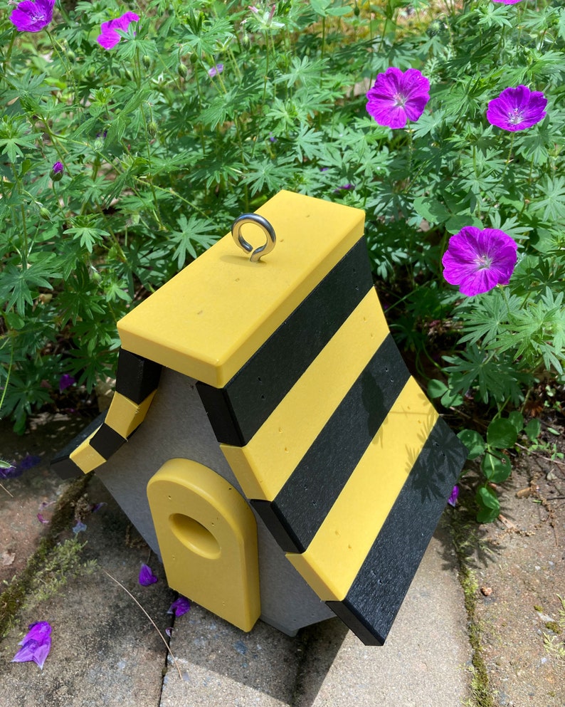 Chalet Poly Birdhouse, Gray with Black and Yellow Roof image 4