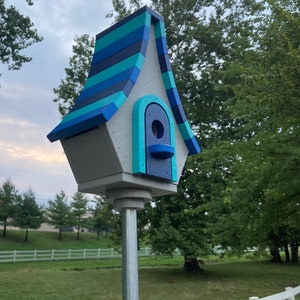 Large Whimsical Poly Birdhouse, Gray with Navy, Aqua, and Royal Blue Roof image 2