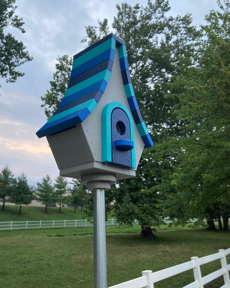 Large Whimsical Poly Birdhouse, Gray with Navy, Aqua, and Royal Blue Roof image 2