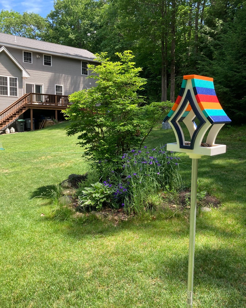 Whimsical Tray Feeder, White with Orange, Aqua, Navy, and Red Roof image 1