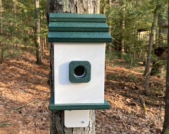 Square Back-Mount Birdhouse, White with Green Roof