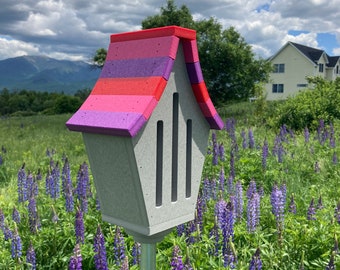 Butterfly House, Gray with Red, Pink, and Purple Roof