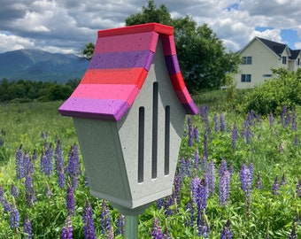 Butterfly House Eco-Friendly Poly Lumber Gray with Red, Pink, and Purple Roof