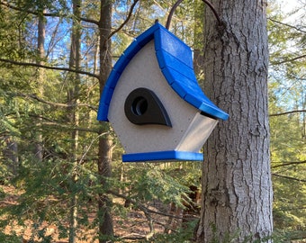 Eclectic Hanging Poly Birdhouse, Gray with Royal Blue Roof