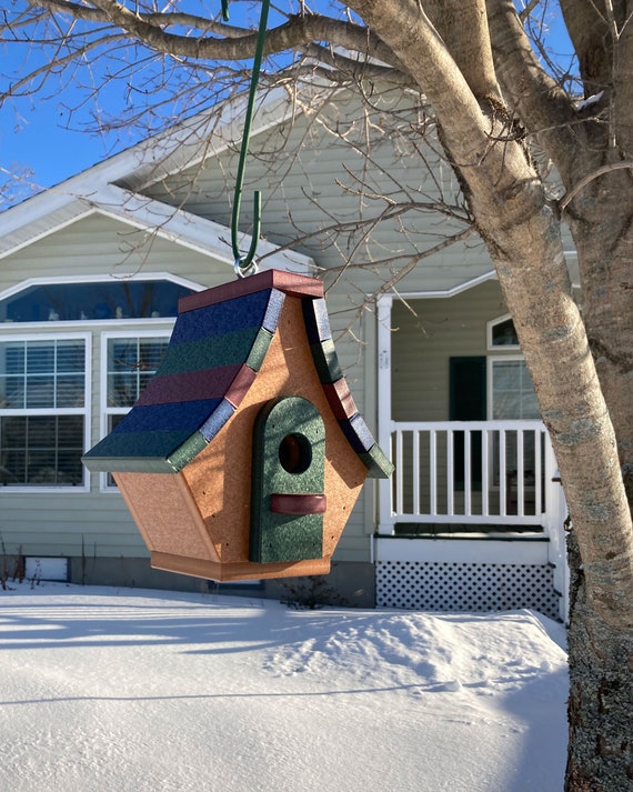 Chalet Style Recycled Poly Lumber Birdhouse, Cedar with Maroon, Navy, and Green Roof