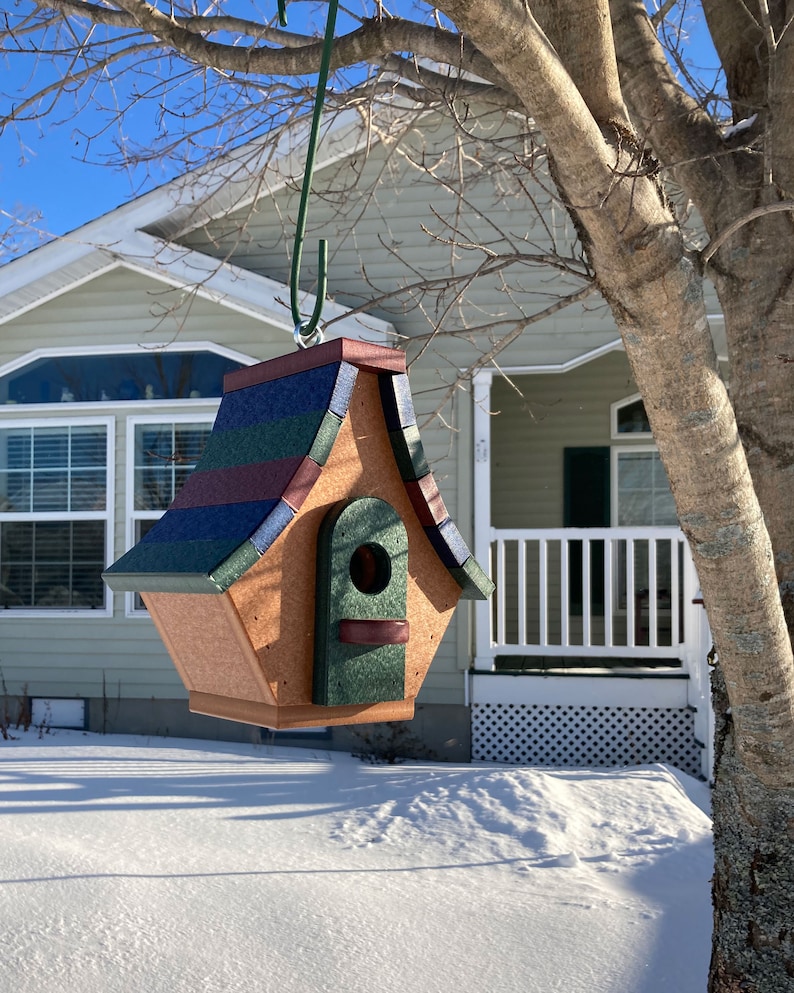 Op de afbeelding: Een houten vogelhuisje met een groen, blauw en rood dak. Het vogelhuisje hangt aan een tak en heeft een kleine opening waar vogels naar binnen kunnen.