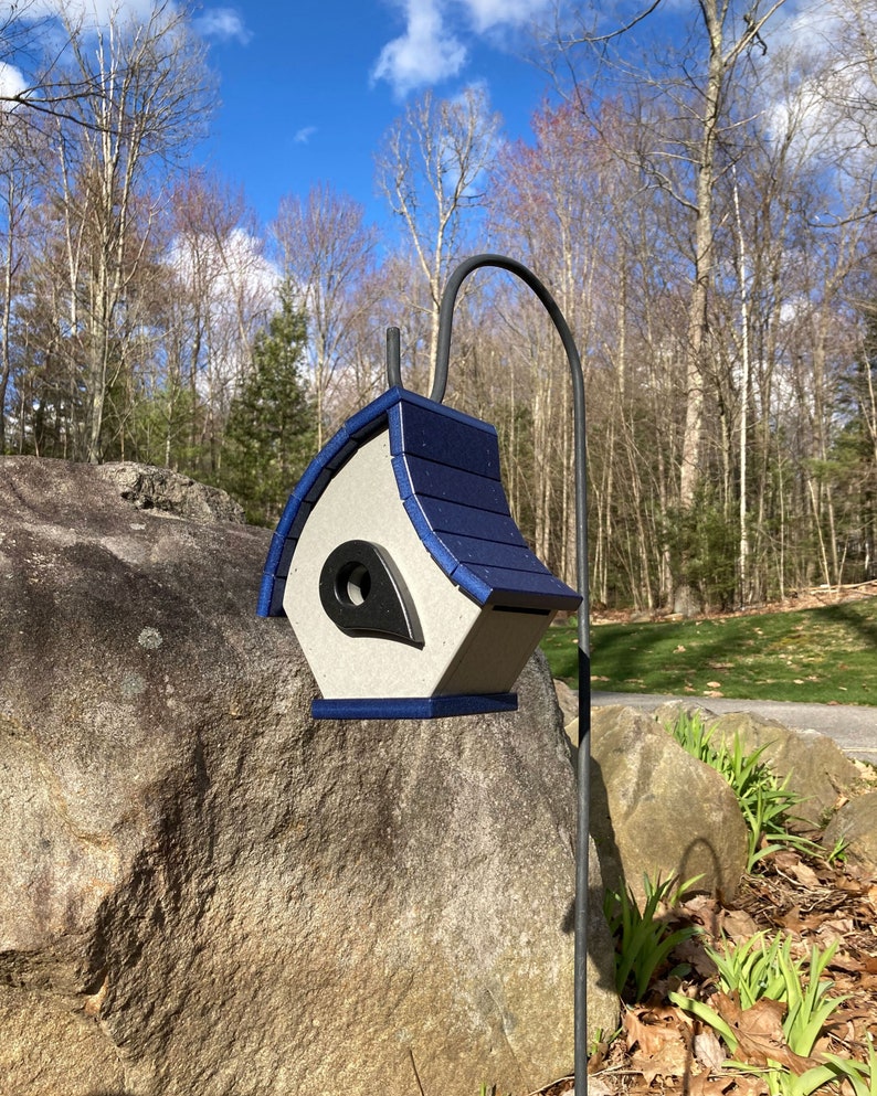 Eclectic Hanging Poly Birdhouse, Gray with Navy Roof image 1